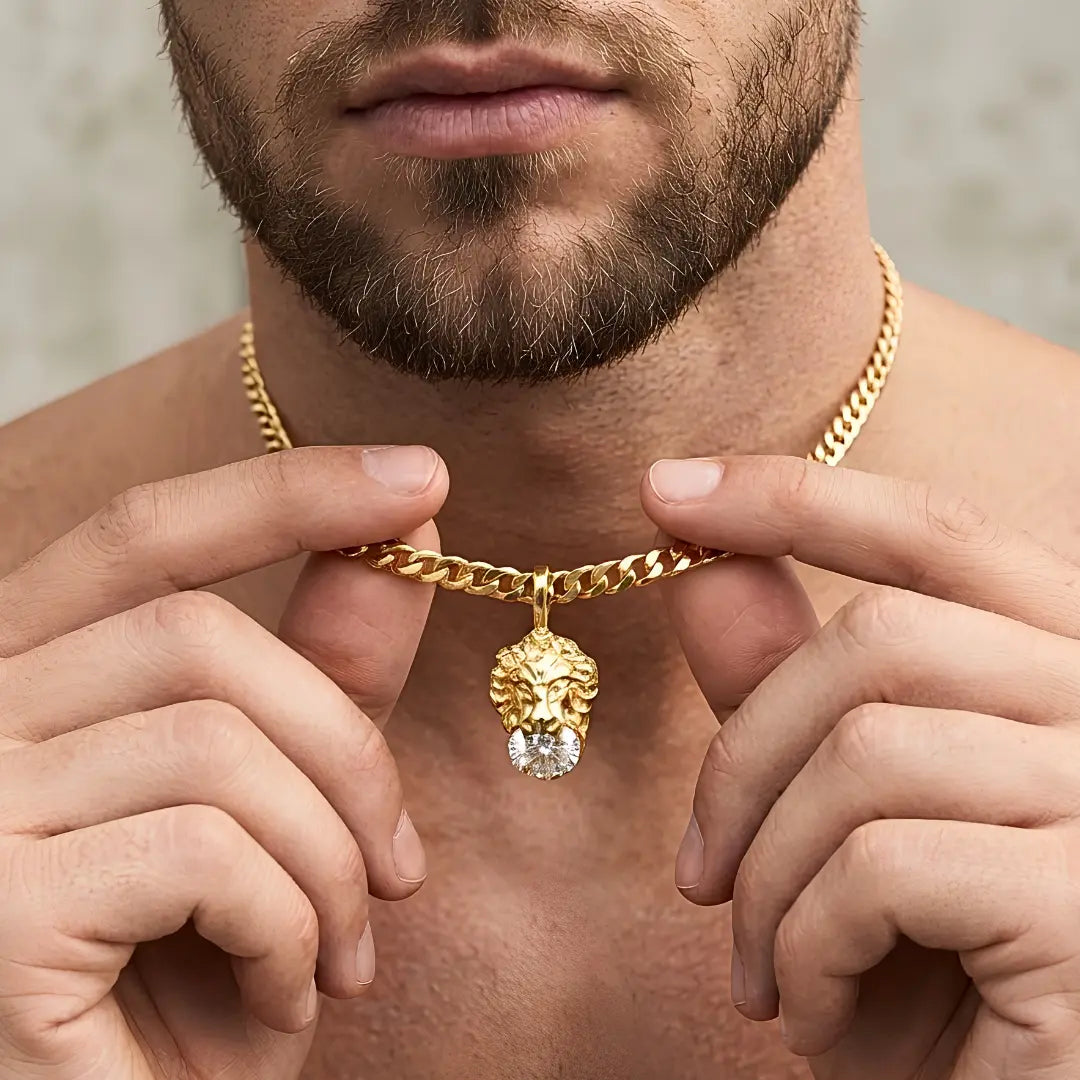 18K Gold Filled Lion Head Necklace – Tarnish-Proof Cuban Link Chain with Ruby & Zirconia Pendant Options